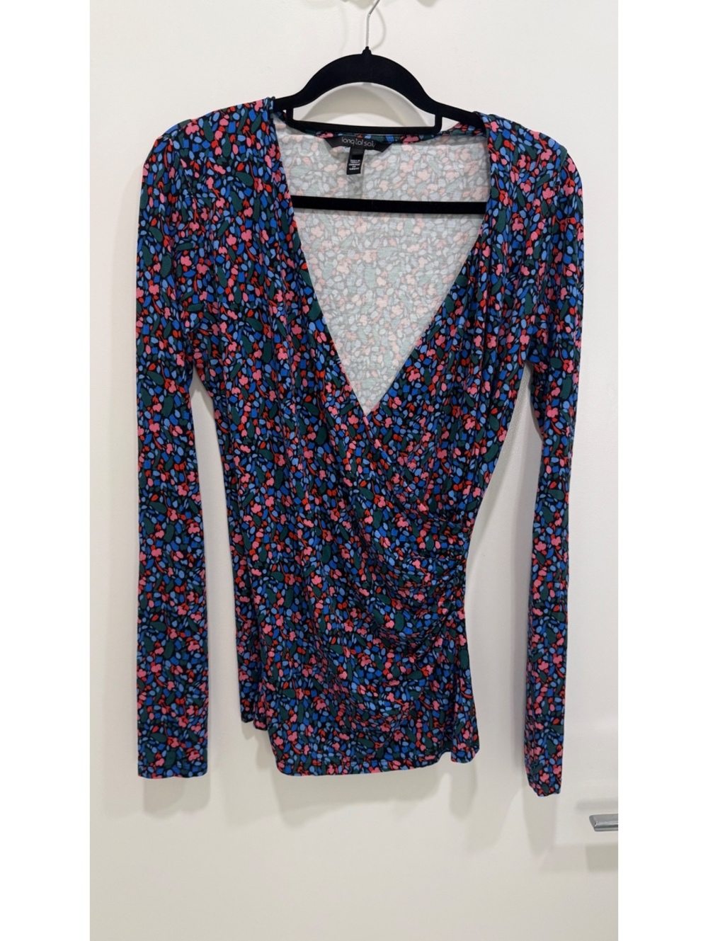 Long Tall Sally Floral Wrap Top M Colorful Y2K Ruched Long Sleeve size M tall